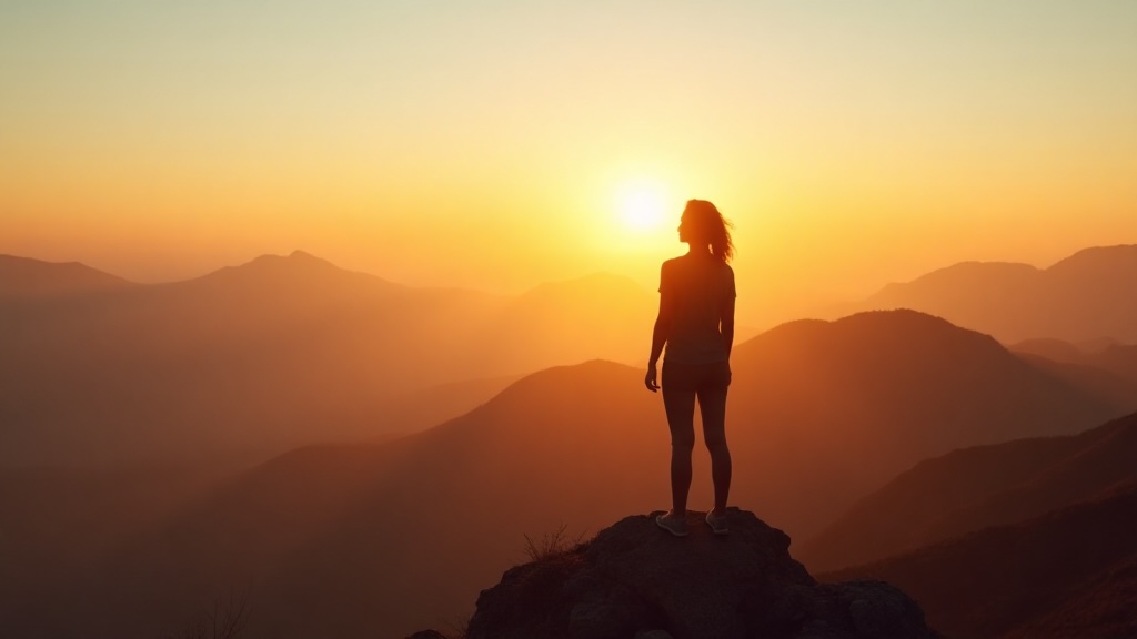 Mujer de pie mirando el amanecer desde una montaña, concepto de transformación y propósito