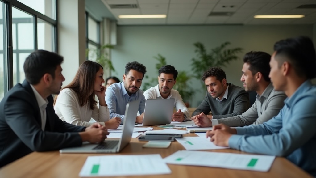Grupo de personas hispanas trabajando juntas en oficina tras un tropiezo, simbolizando reconstrucción y crecimiento