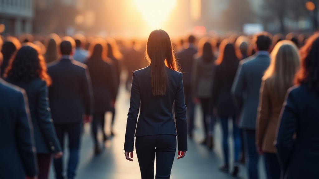Persona caminando firme entre multitudes desenfocadas, simbolizando propósito interno frente a presión externa