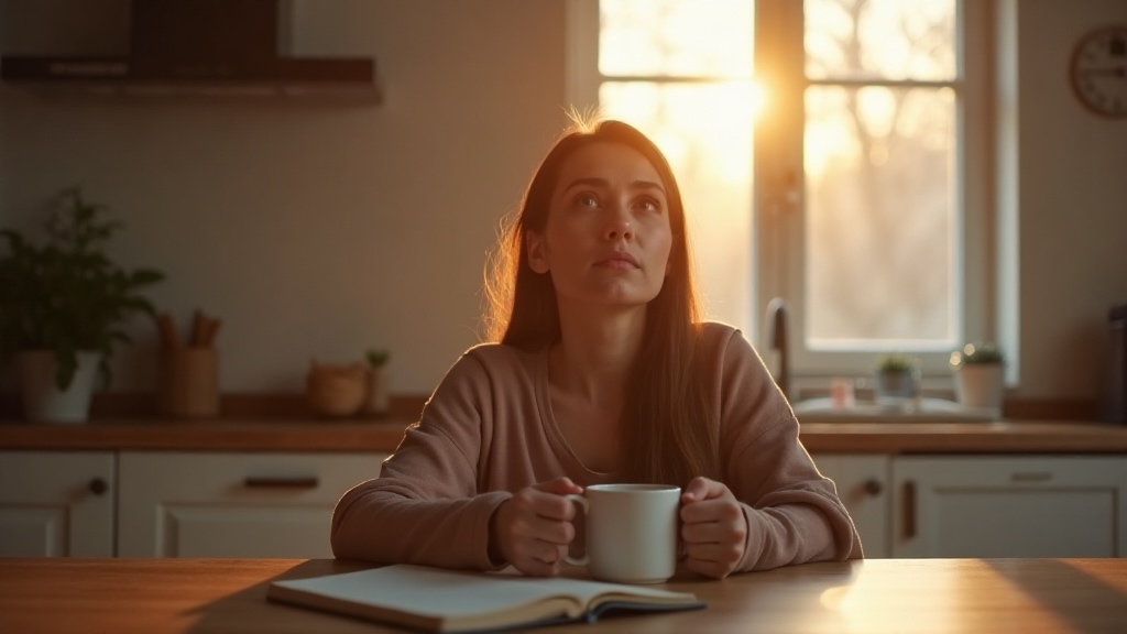 Persona sentada en una mesa iluminada por la luz de la mañana, en un momento de reflexión íntima tras una crisis personal