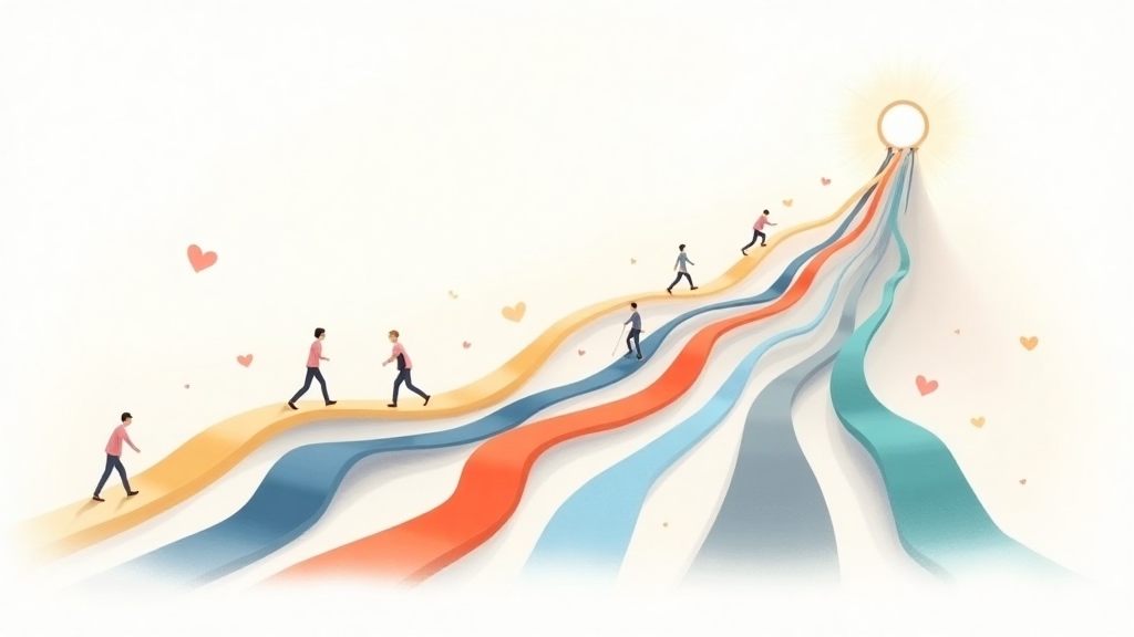 Ilustración editorial de trayectorias de vida distintas que se cruzan hacia un mismo objetivo