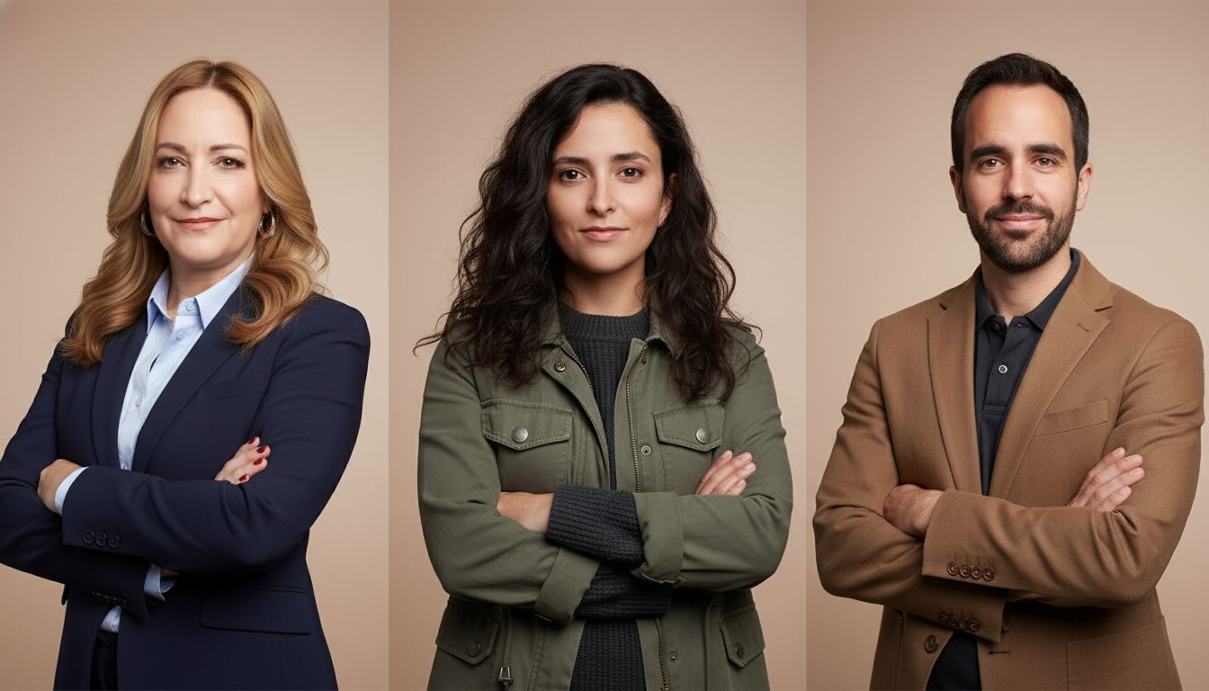 Composición horizontal de tres emprendedores latinos con brazos cruzados y expresión profesional
