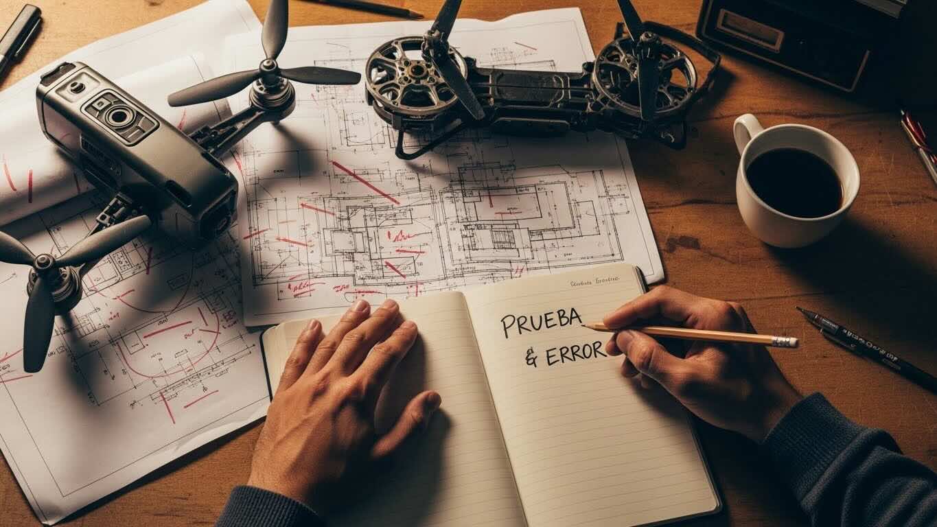 Primer plano artístico de manos trabajando en un prototipo tecnológico fallido con notas de corrección, simbolizando el aprendizaje a través del error.