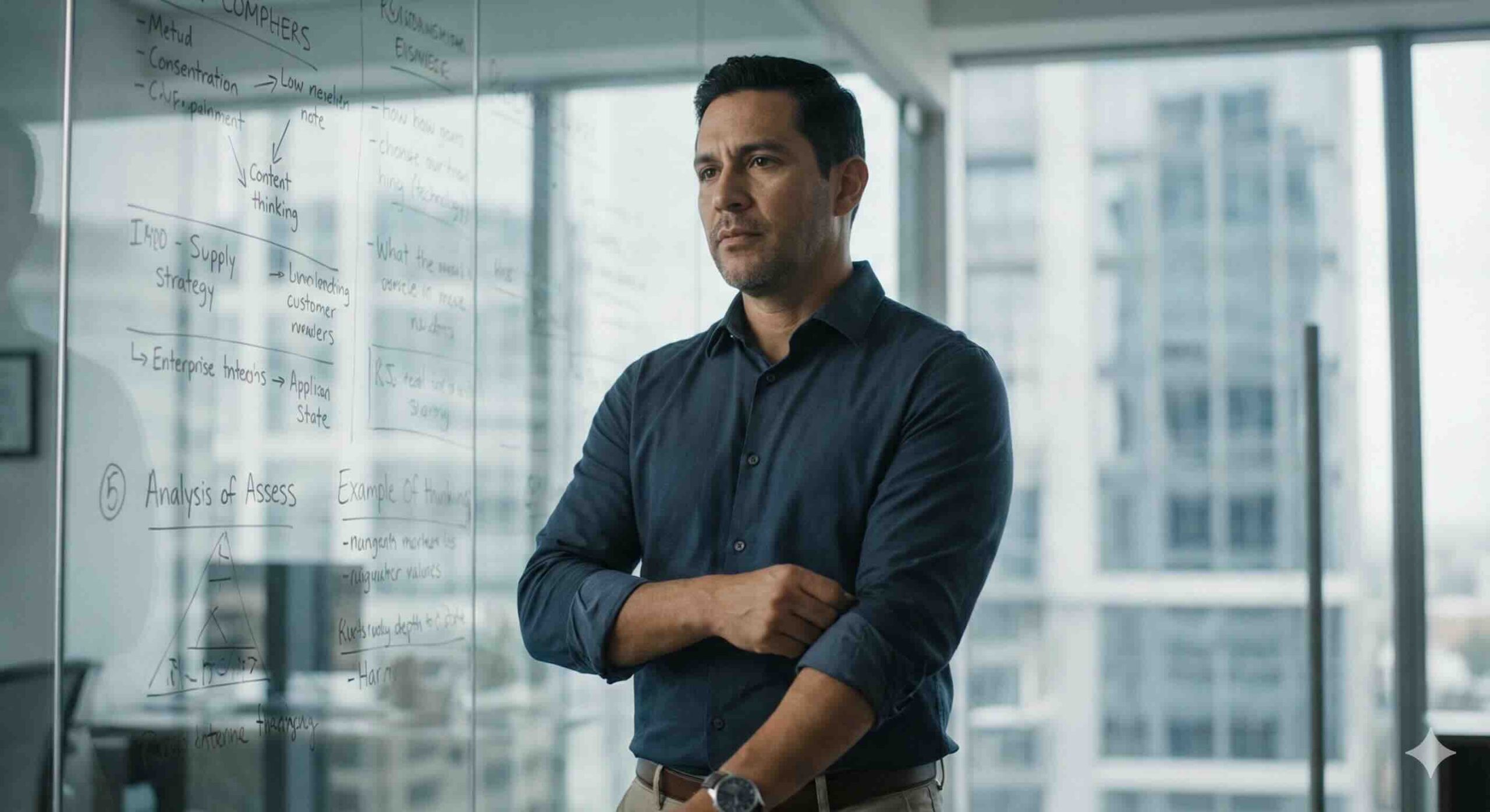 Empresario latino en una oficina moderna analizando un proyecto complejo, representando la realidad de una trayectoria con impacto.