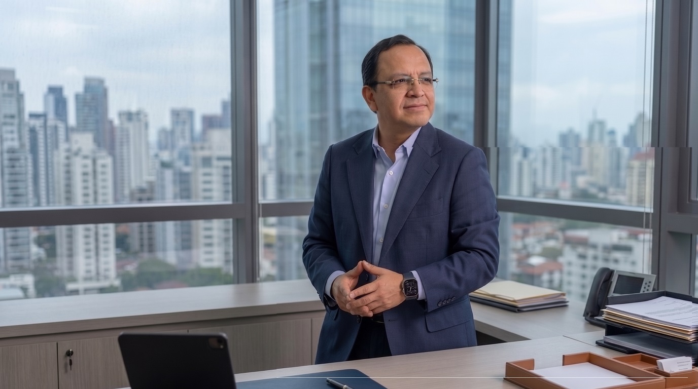Ernesto Reséndiz con gafas y traje azul, posa de pie en su moderna oficina con grandes ventanales que dan a una vista panorámica de la ciudad.