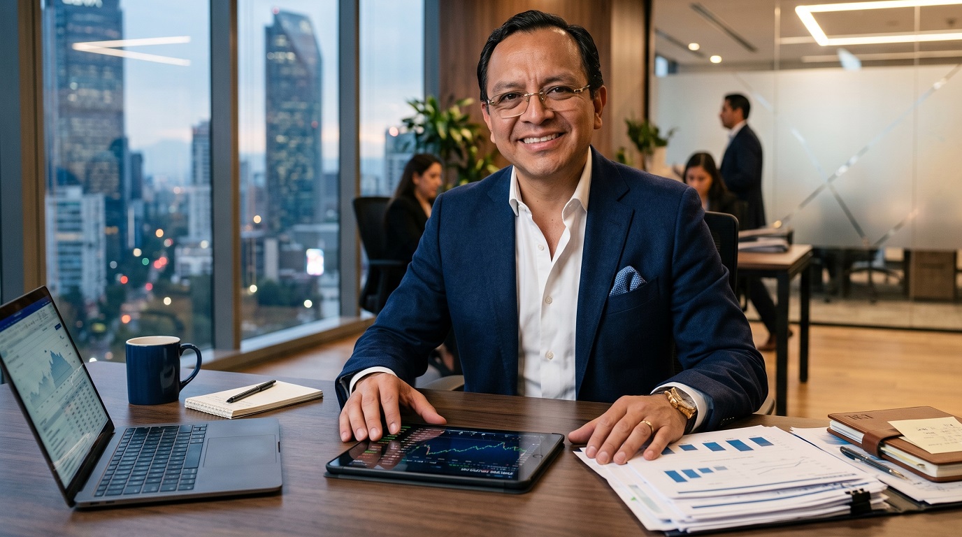 Ernesto Resendiz, egresado de Ingeniería Industrial, sonriendo en una oficina moderna con vistas a Ciudad de México