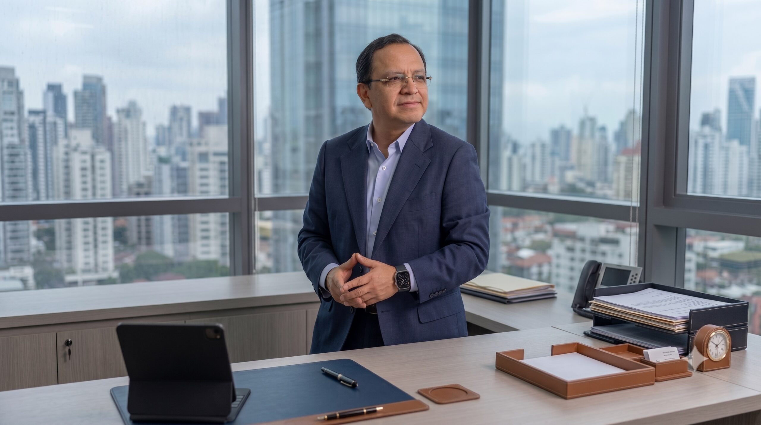 Ernesto Reséndiz con gafas y traje azul, posa de pie en su moderna oficina con grandes ventanales que dan a una vista panorámica de la ciudad.