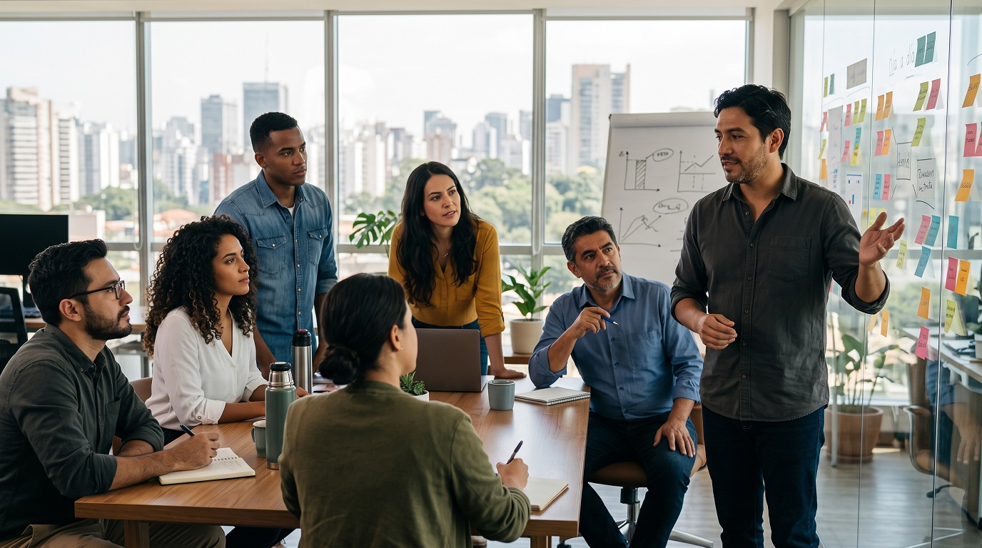 Equipo de trabajo latino en junta de liderazgo transformacional en una oficina con vista urbana.